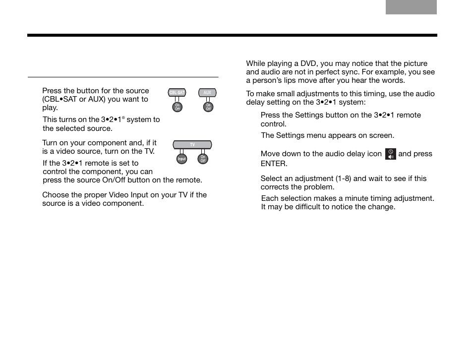 Playing a cable box or other component, Adjusting for audio delay | Bose 3.2.1 Series III User Manual | Page 48 / 108
