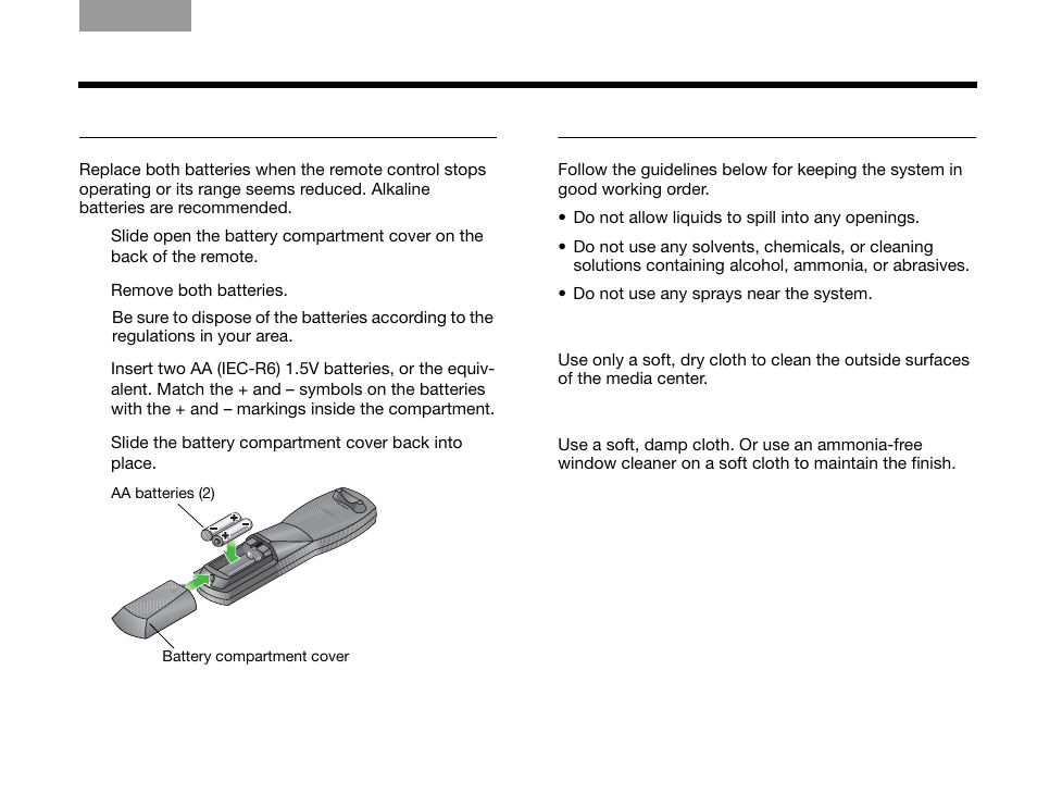 Replacing remote batteries, Protecting the system, Cleaning the media center | Cleaning the speakers | Bose 3.2.1 Series III User Manual | Page 63 / 108