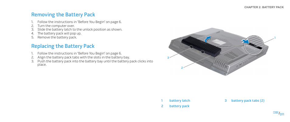 Removing the battery pack, Replacing the battery pack | Dell Alienware M15x (Early 2011) User Manual | Page 11 / 118