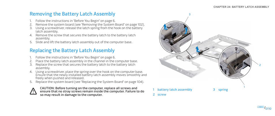 Removing the battery latch assembly, Replacing the battery latch assembly | Dell Alienware M15x (Early 2011) User Manual | Page 110 / 118