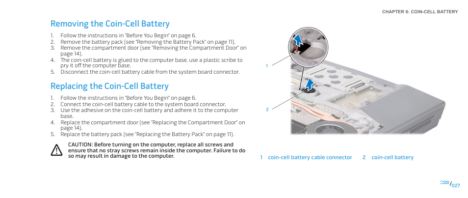 Removing the coin-cell battery, Replacing the coin-cell battery | Dell Alienware M15x (Early 2011) User Manual | Page 27 / 118
