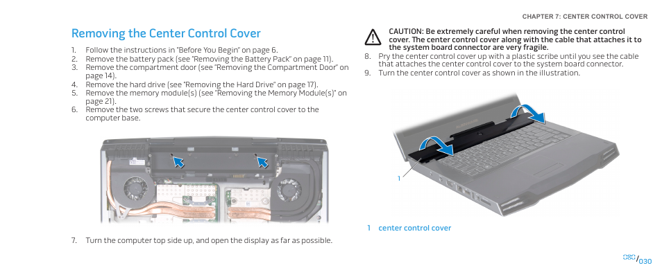 Removing the center control cover | Dell Alienware M15x (Early 2011) User Manual | Page 30 / 118