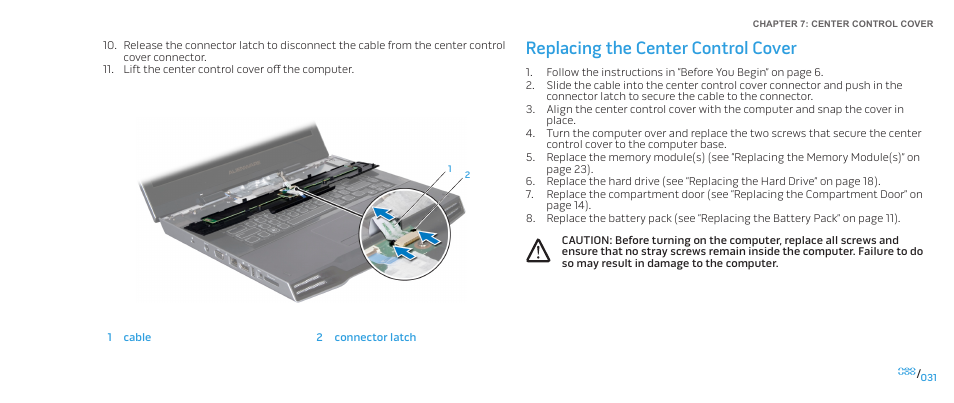Replacing the center control cover | Dell Alienware M15x (Early 2011) User Manual | Page 31 / 118