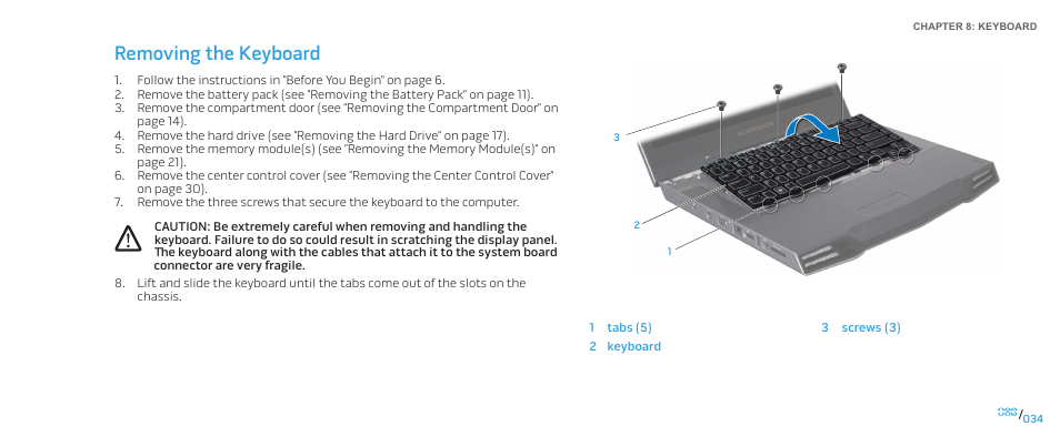 Removing the keyboard | Dell Alienware M15x (Early 2011) User Manual | Page 34 / 118