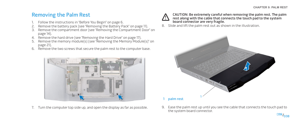 Removing the palm rest | Dell Alienware M15x (Early 2011) User Manual | Page 38 / 118