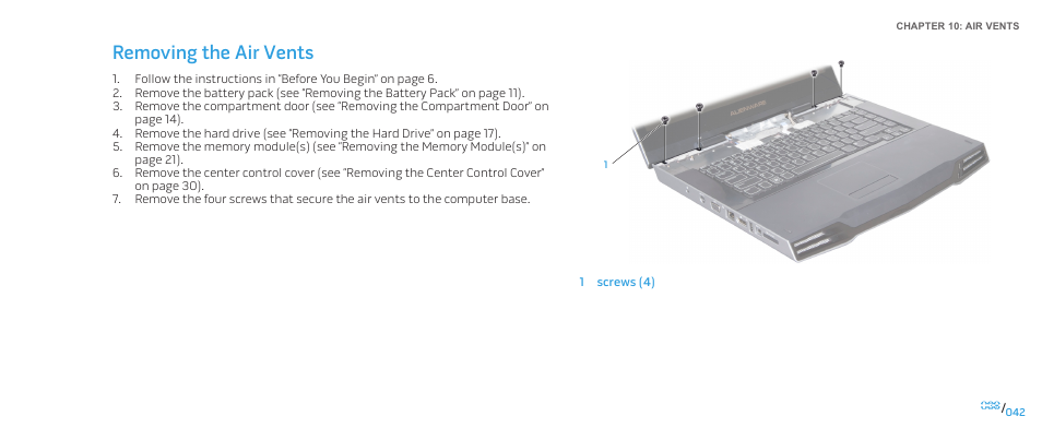 Removing the air vents | Dell Alienware M15x (Early 2011) User Manual | Page 42 / 118