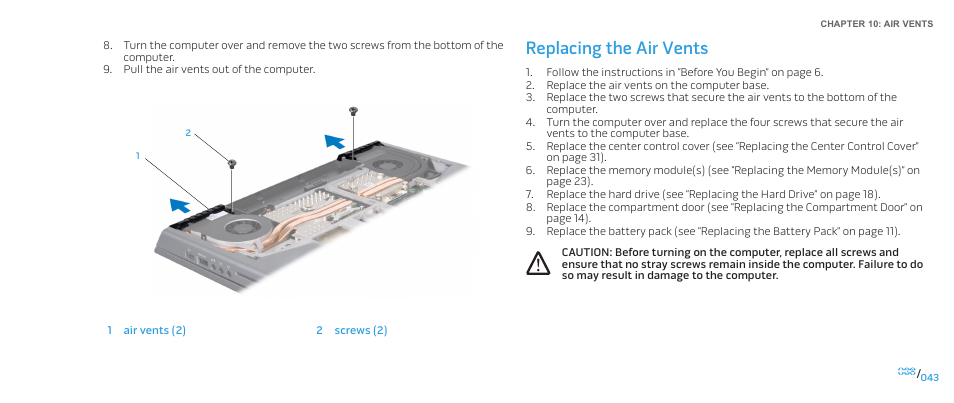 Replacing the air vents | Dell Alienware M15x (Early 2011) User Manual | Page 43 / 118