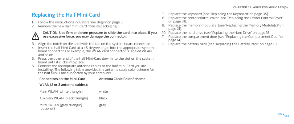 Replacing the half mini-card | Dell Alienware M15x (Early 2011) User Manual | Page 47 / 118