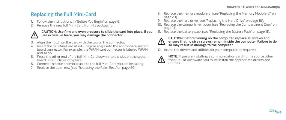 Replacing the full mini-card | Dell Alienware M15x (Early 2011) User Manual | Page 49 / 118