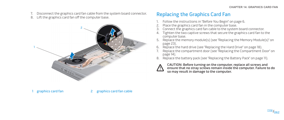 Replacing the graphics card fan | Dell Alienware M15x (Early 2011) User Manual | Page 62 / 118