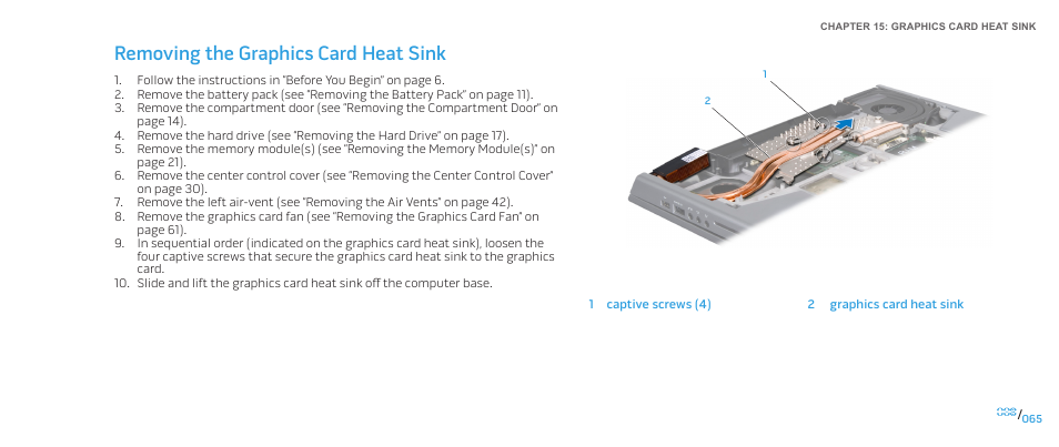 Removing the graphics card heat sink | Dell Alienware M15x (Early 2011) User Manual | Page 65 / 118