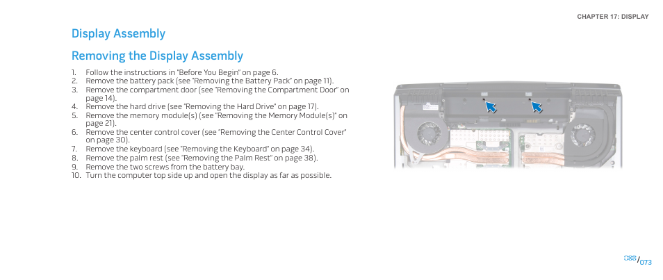 Removing the display assembly, Display assembly removing the display assembly | Dell Alienware M15x (Early 2011) User Manual | Page 73 / 118