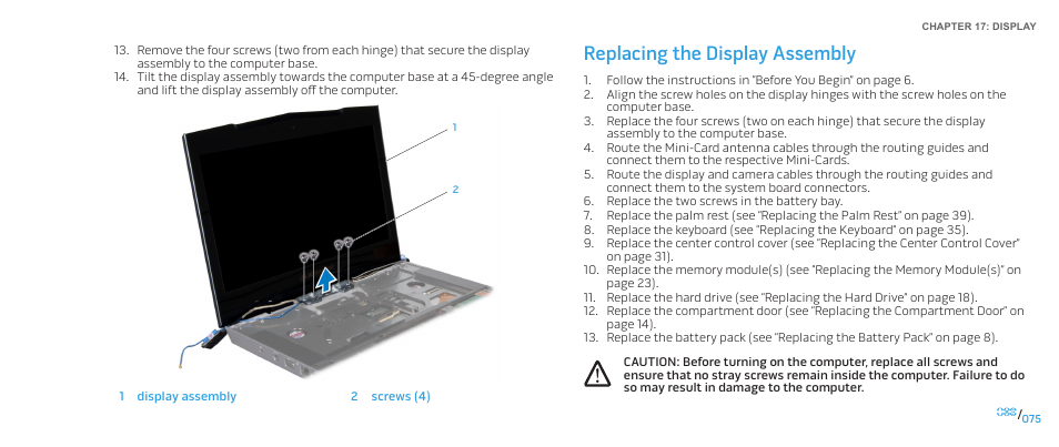 Replacing the display assembly | Dell Alienware M15x (Early 2011) User Manual | Page 75 / 118