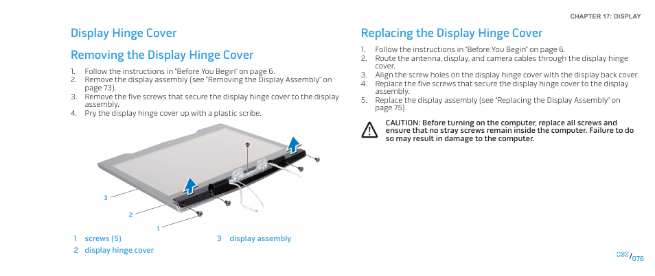 Removing the display hinge cover, Replacing the display hinge cover | Dell Alienware M15x (Early 2011) User Manual | Page 76 / 118