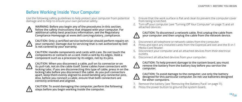 Before working inside your computer | Dell Alienware M15x (Early 2011) User Manual | Page 8 / 118