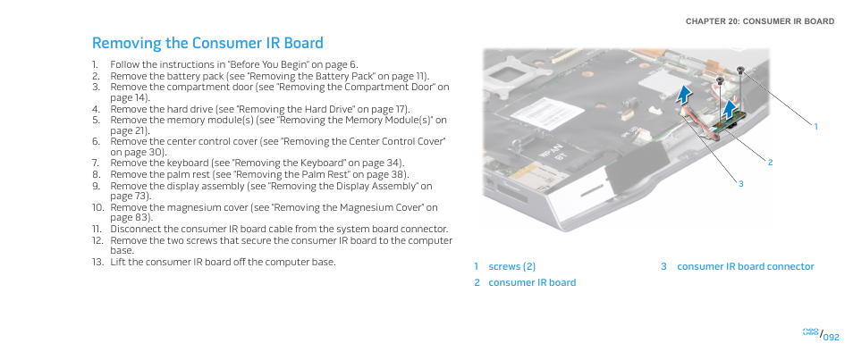 Removing the consumer ir board | Dell Alienware M15x (Early 2011) User Manual | Page 92 / 118