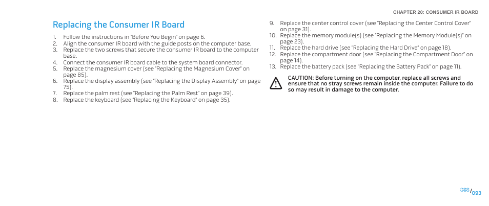 Replacing the consumer ir board | Dell Alienware M15x (Early 2011) User Manual | Page 93 / 118