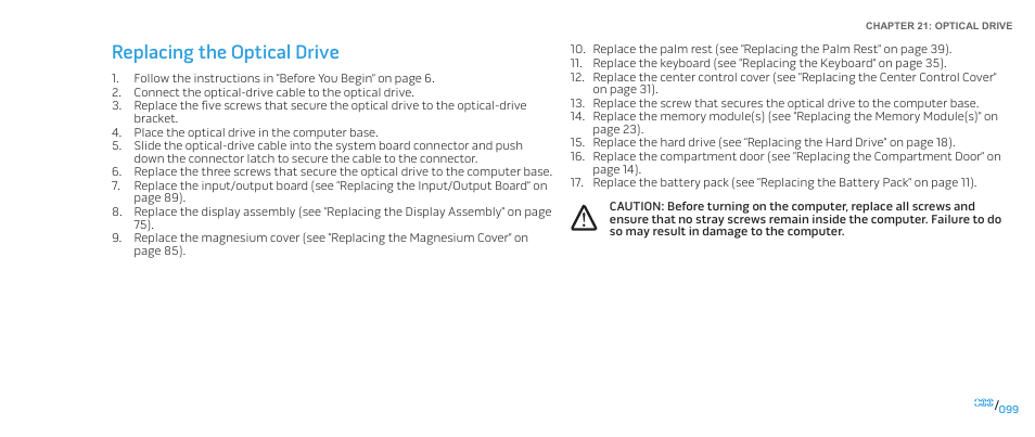 Replacing the optical drive | Dell Alienware M15x (Early 2011) User Manual | Page 99 / 118