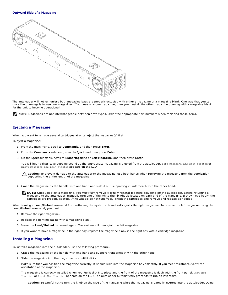 Ejecting a magazine, Installing a magazine | Dell PowerVault 124T User Manual | Page 11 / 73