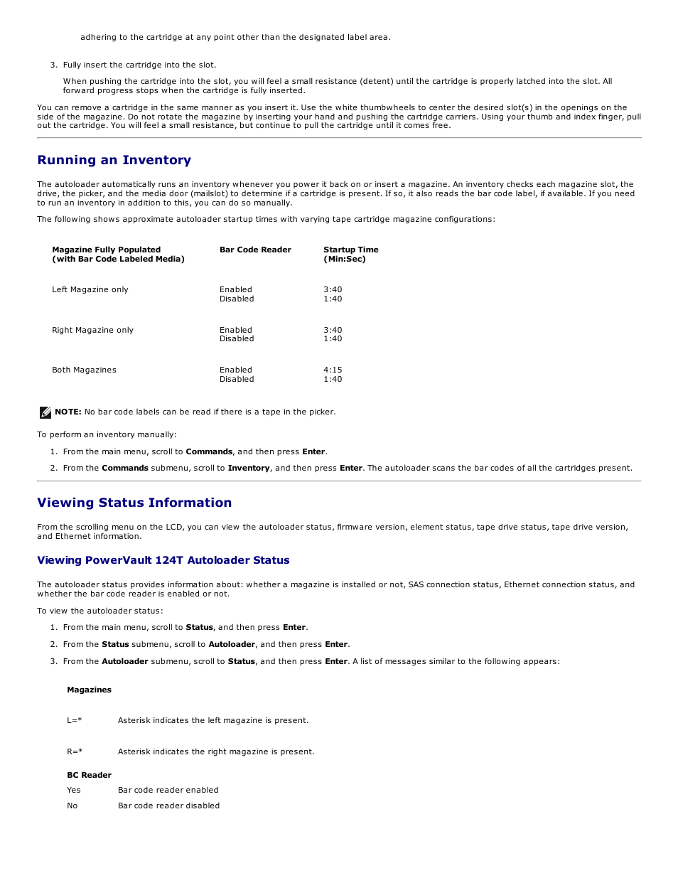 Running an inventory, Viewing status information, Viewing powervault 124t autoloader status | Dell PowerVault 124T User Manual | Page 13 / 73