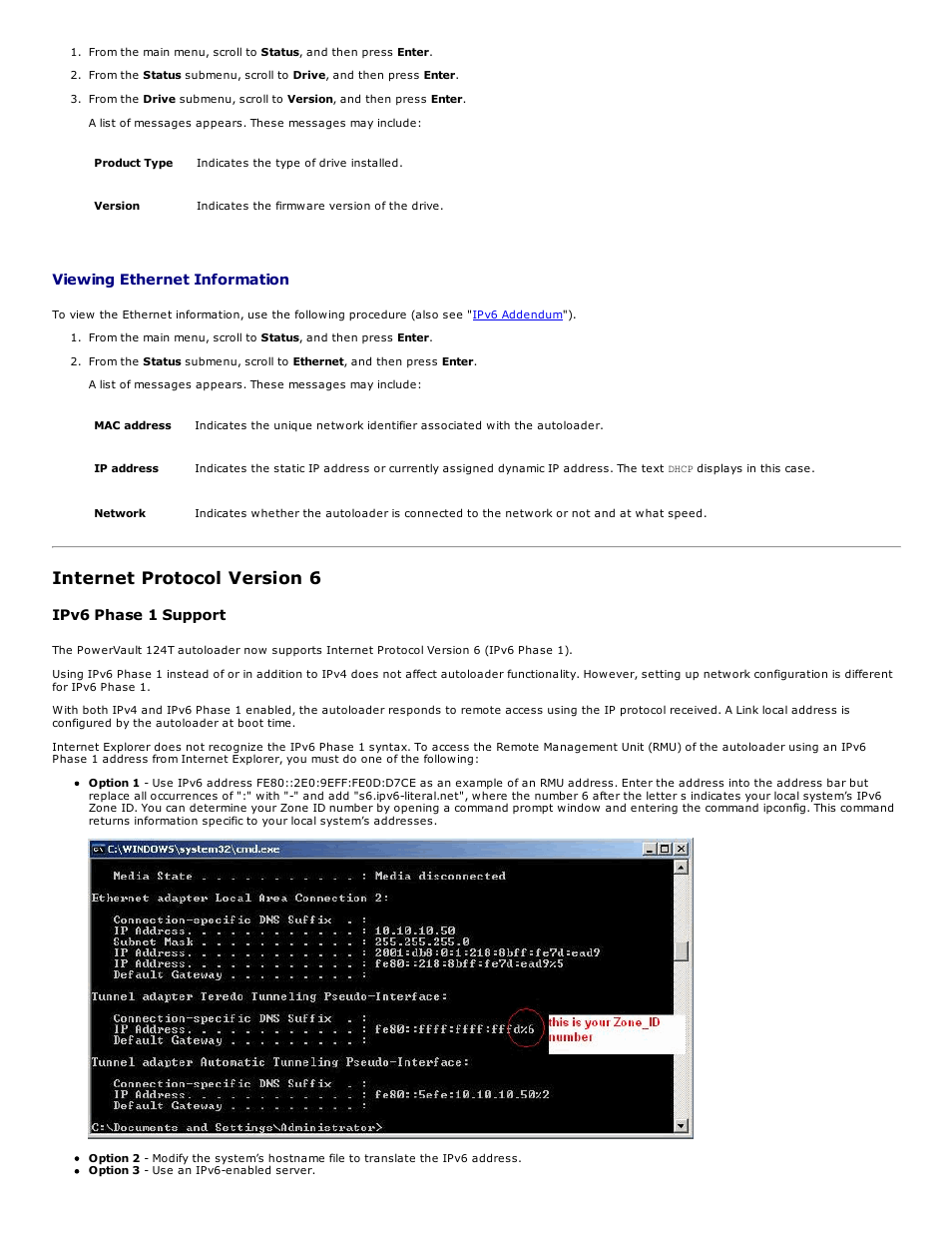 Internet protocol version 6, Viewing ethernet information, Ipv6 phase 1 support | Dell PowerVault 124T User Manual | Page 15 / 73
