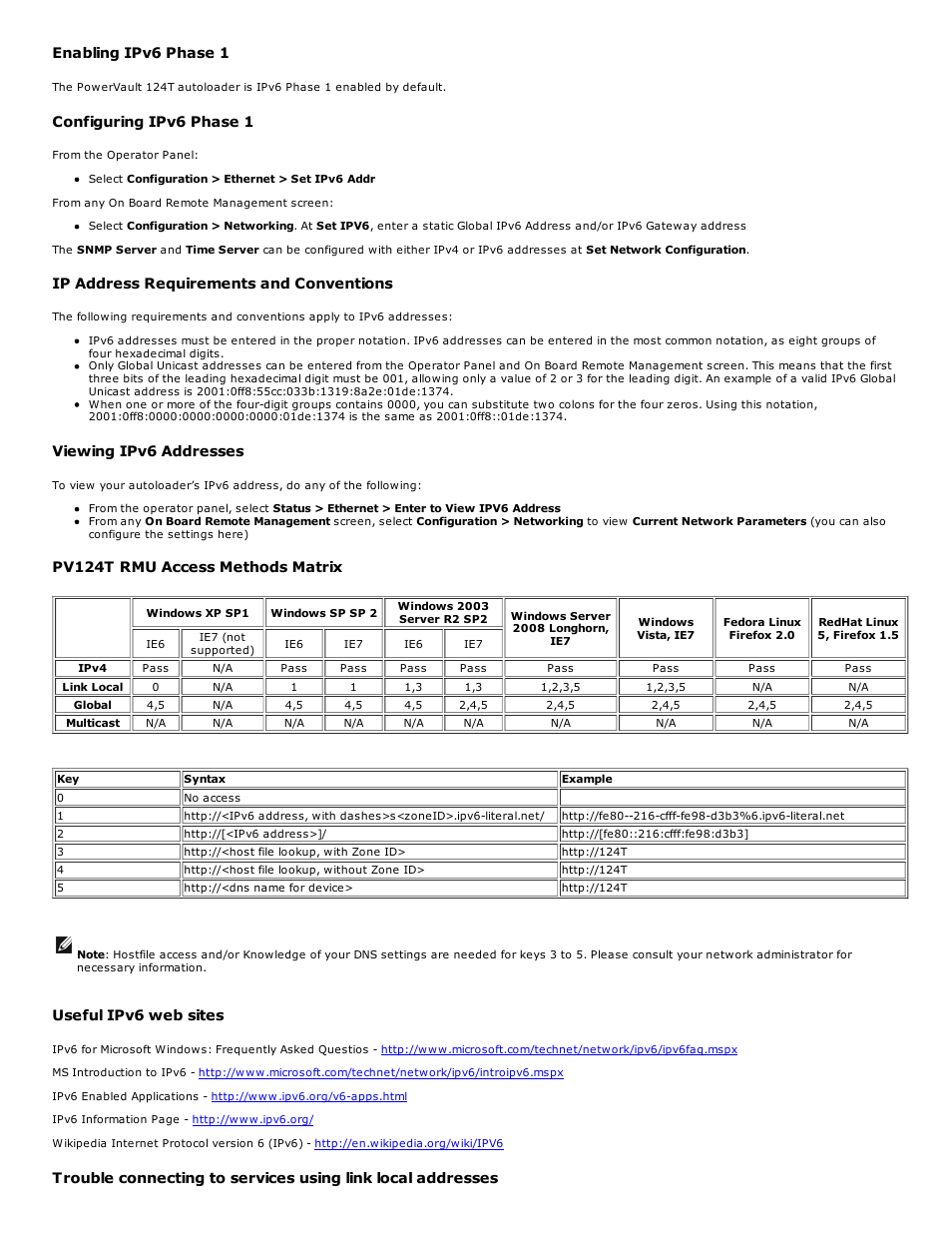Enabling ipv6 phase 1, Configuring ipv6 phase 1, Ip address requirements and conventions | Viewing ipv6 addresses, Pv124t rmu access methods matrix, Useful ipv6 web sites | Dell PowerVault 124T User Manual | Page 16 / 73