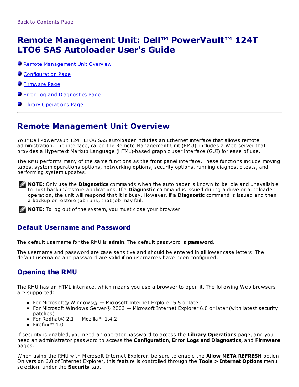 Remote management unit overview, Default username and password, Opening the rmu | Dell PowerVault 124T User Manual | Page 18 / 73