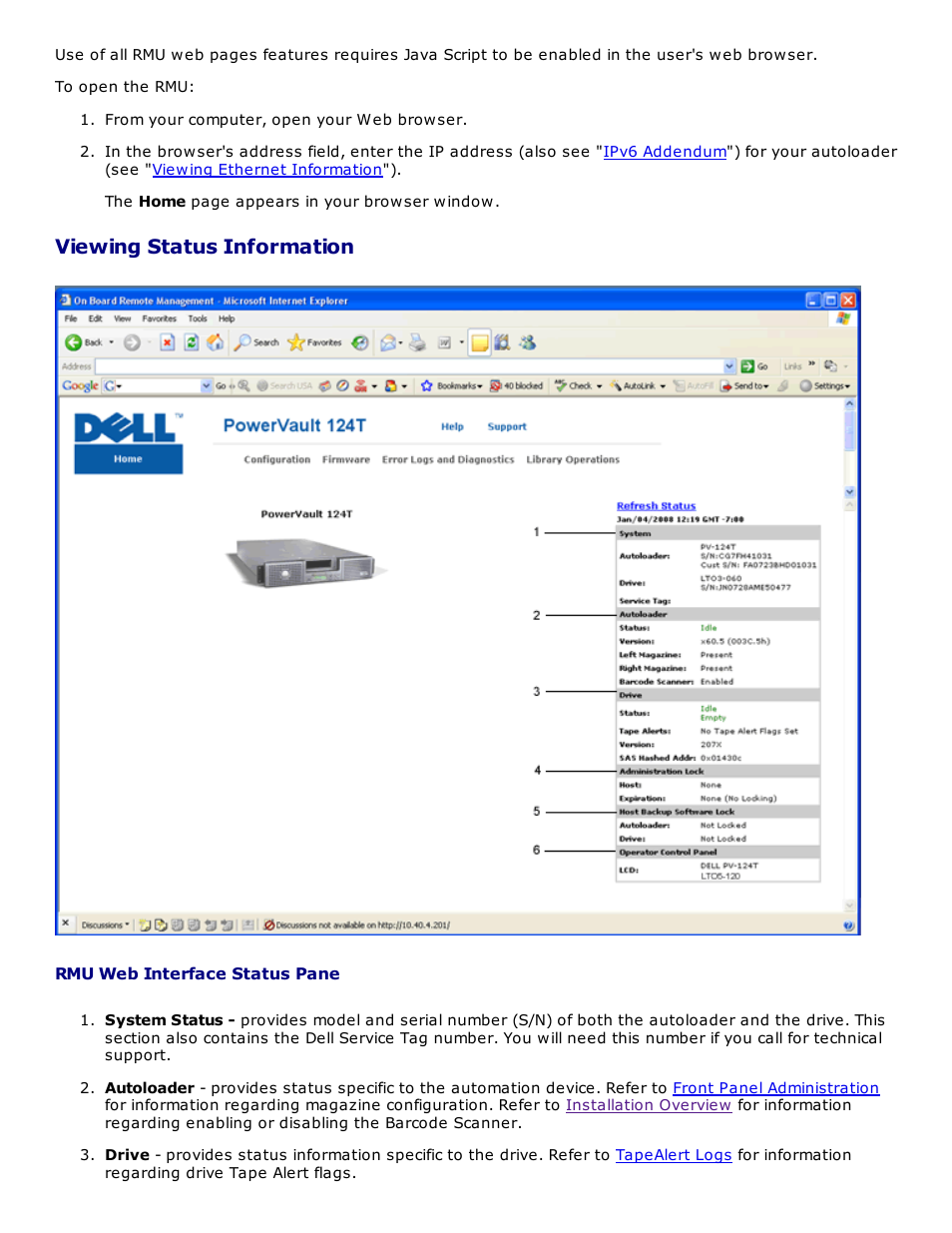 Viewing status information | Dell PowerVault 124T User Manual | Page 19 / 73