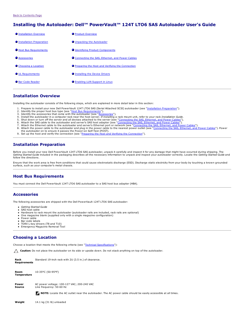 Installation overview, Installation preparation, Host bus requirements | Accessories, Choosing a location | Dell PowerVault 124T User Manual | Page 2 / 73