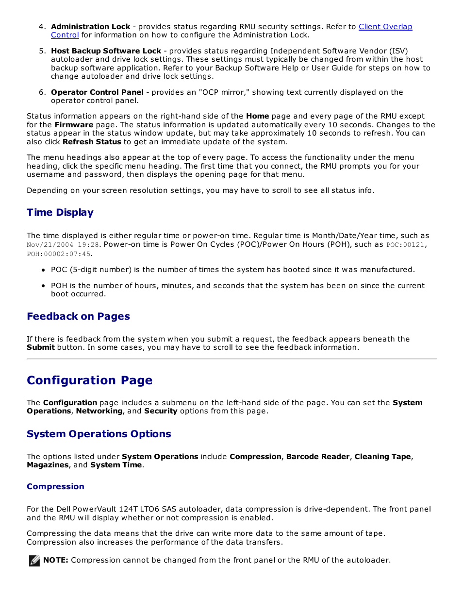 Configuration page, Time display, Feedback on pages | System operations options | Dell PowerVault 124T User Manual | Page 20 / 73