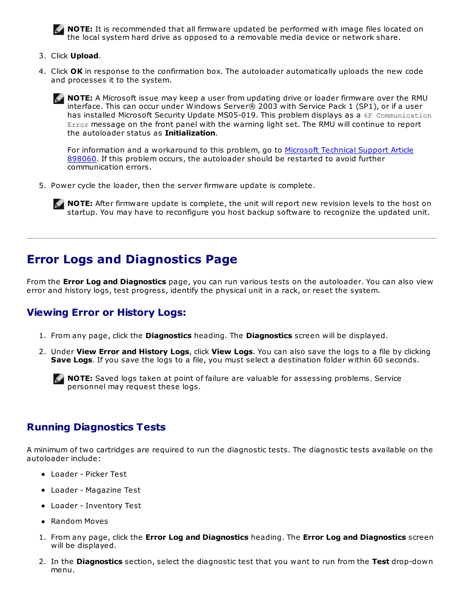 Error logs and diagnostics page, Viewing error or history logs, Running diagnostics tests | Dell PowerVault 124T User Manual | Page 26 / 73