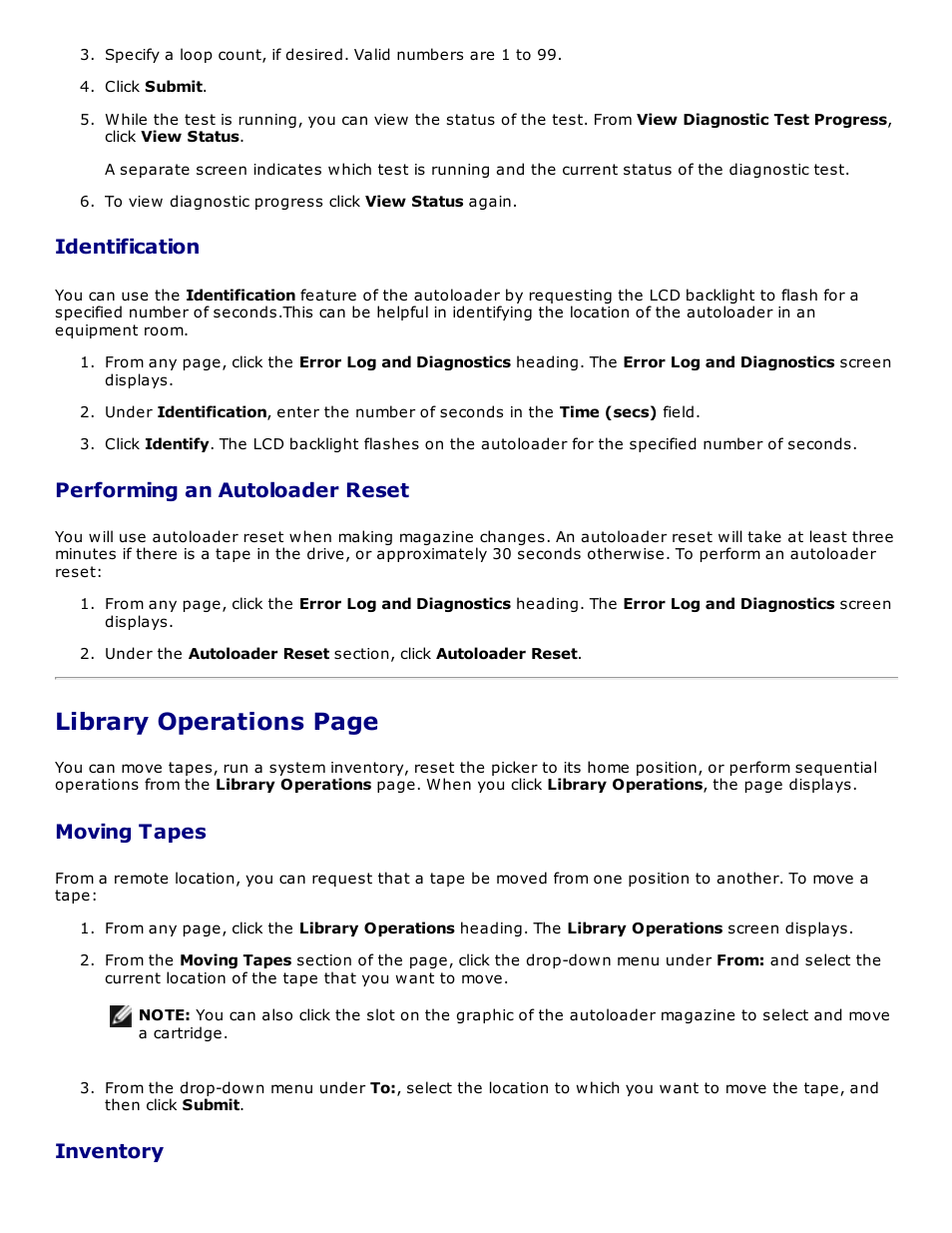 Library operations page, Identification, Performing an autoloader reset | Moving tapes, Inventory | Dell PowerVault 124T User Manual | Page 27 / 73