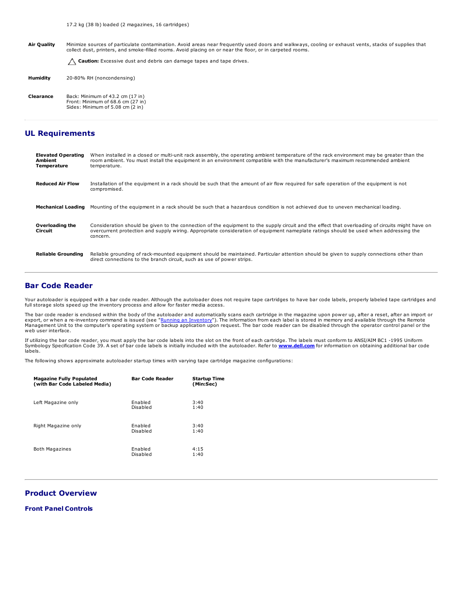 Ul requirements, Bar code reader, Product overview | Dell PowerVault 124T User Manual | Page 3 / 73