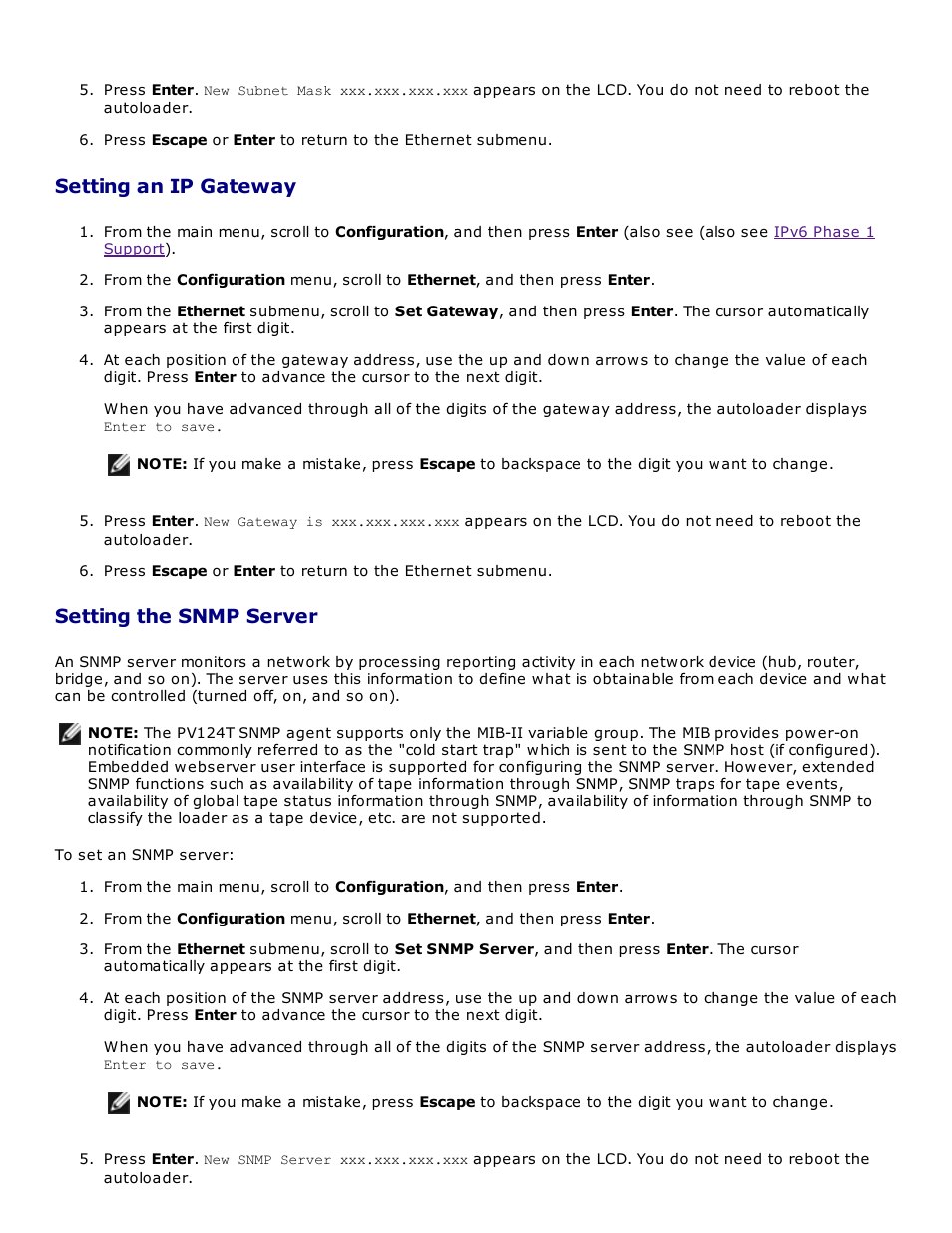 Setting an ip gateway, Setting the snmp server | Dell PowerVault 124T User Manual | Page 32 / 73
