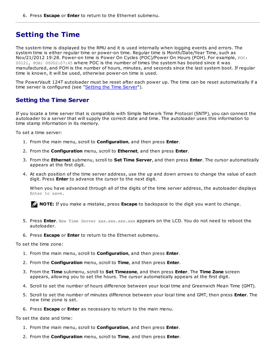 Setting the time, Setting the time server | Dell PowerVault 124T User Manual | Page 33 / 73