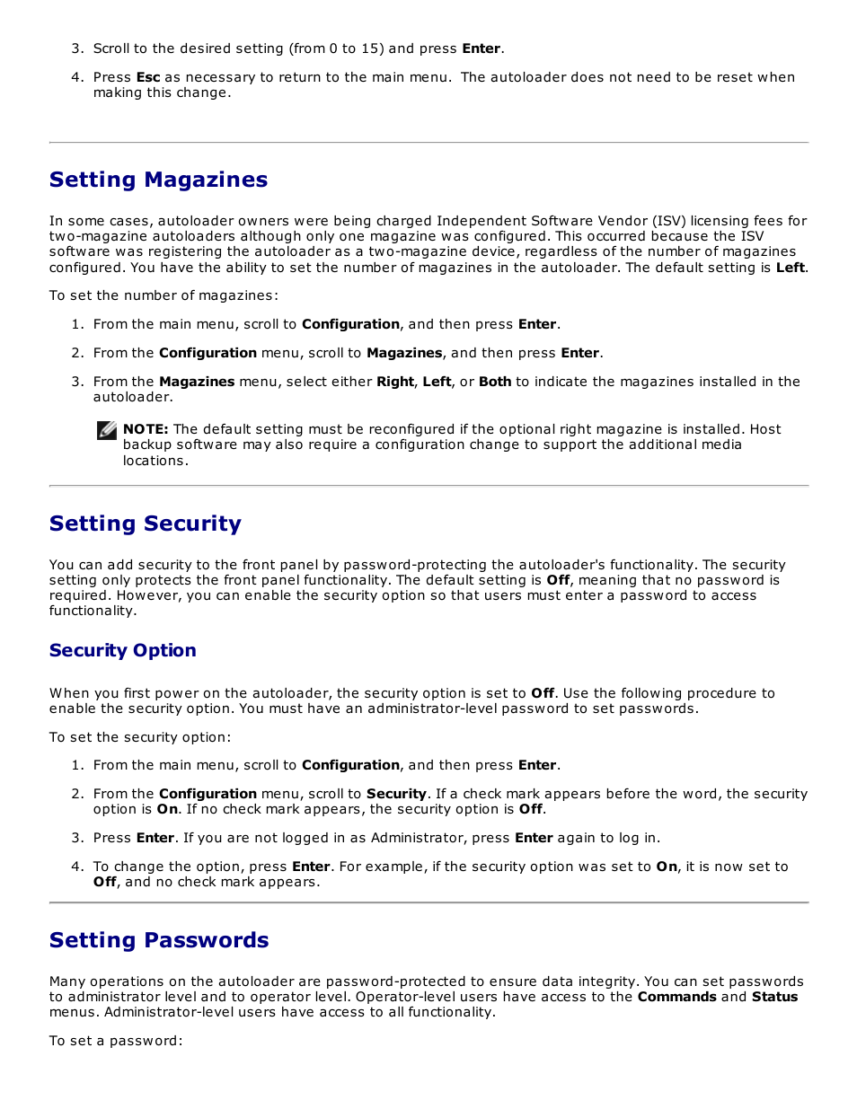 Setting magazines, Setting security, Setting passwords | Security option | Dell PowerVault 124T User Manual | Page 35 / 73