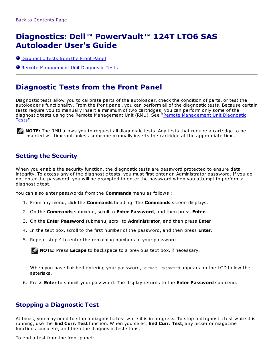 Diagnostic tests from the front panel, Setting the security, Stopping a diagnostic test | Dell PowerVault 124T User Manual | Page 37 / 73
