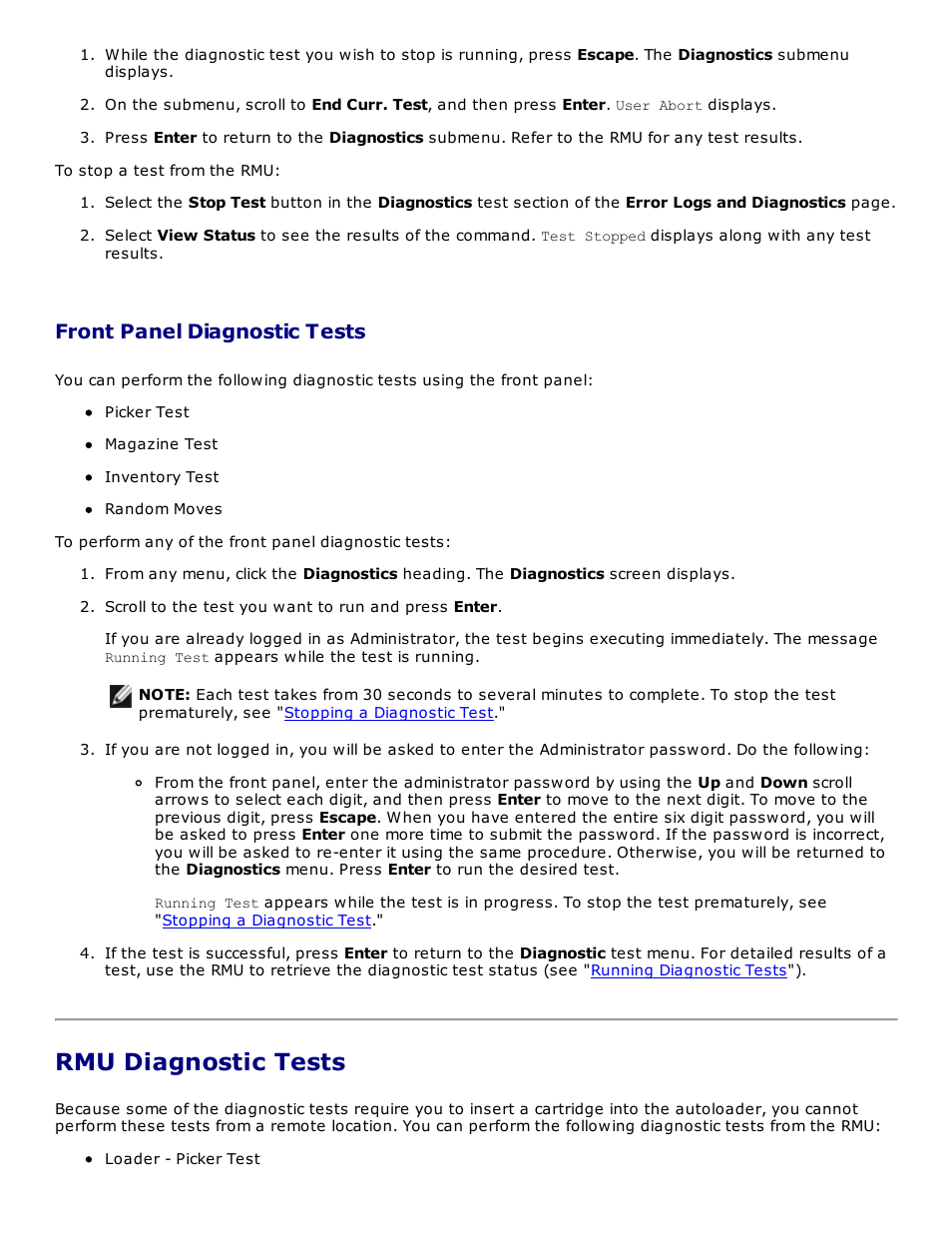 Rmu diagnostic tests, Front panel diagnostic tests | Dell PowerVault 124T User Manual | Page 38 / 73