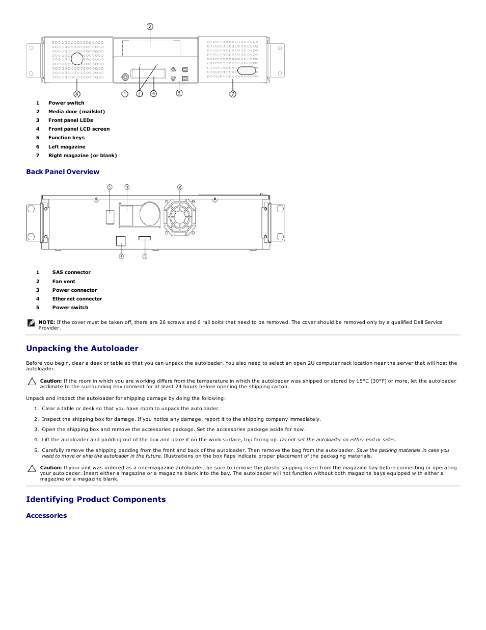 Unpacking the autoloader, Identifying product components | Dell PowerVault 124T User Manual | Page 4 / 73