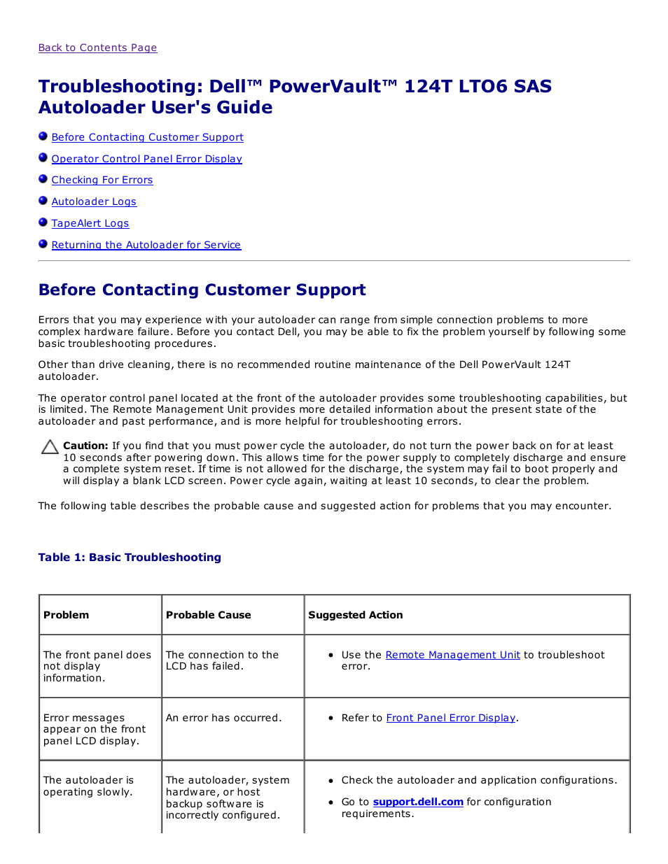 Before contacting customer support | Dell PowerVault 124T User Manual | Page 40 / 73