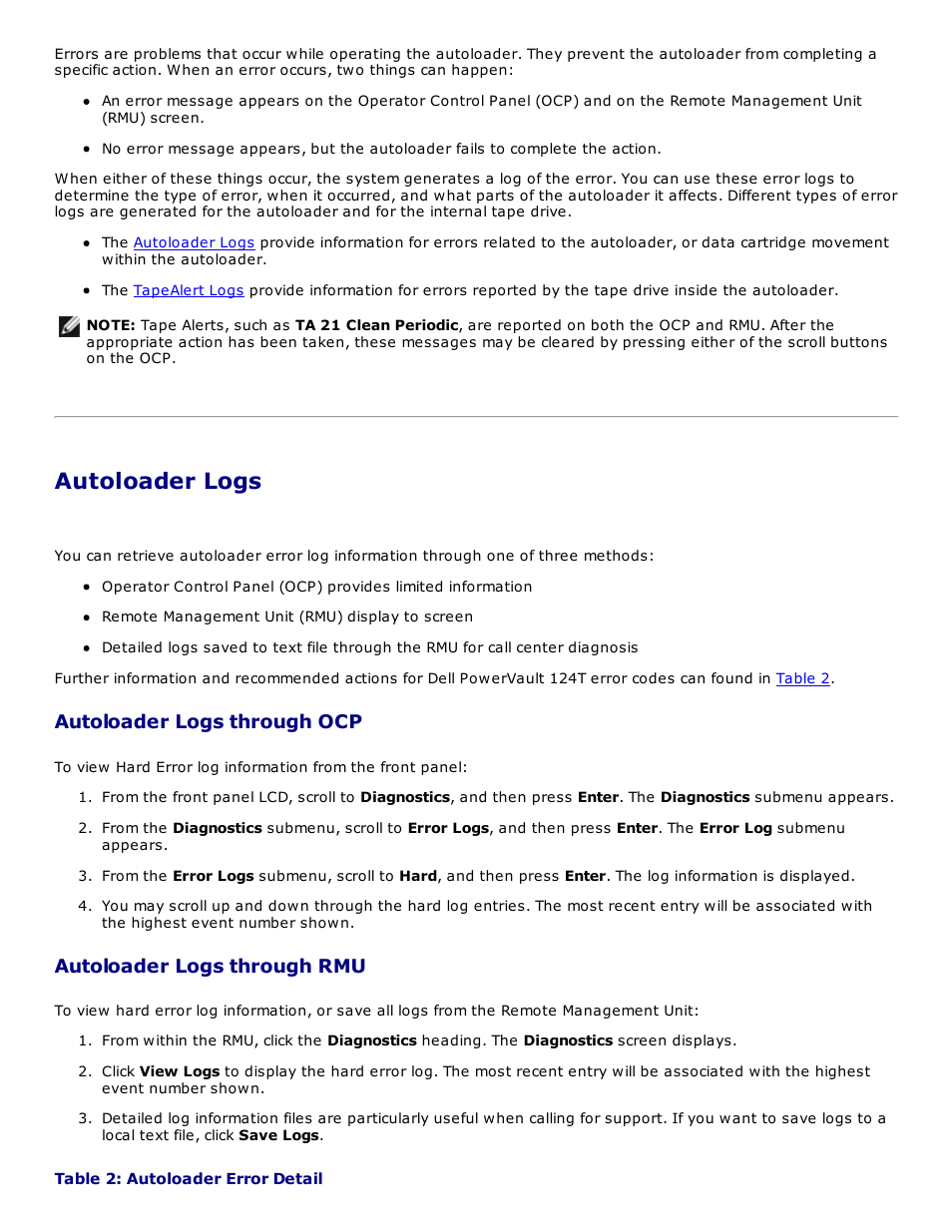 Autoloader logs, Autoloader logs through ocp, Autoloader logs through rmu | Dell PowerVault 124T User Manual | Page 43 / 73