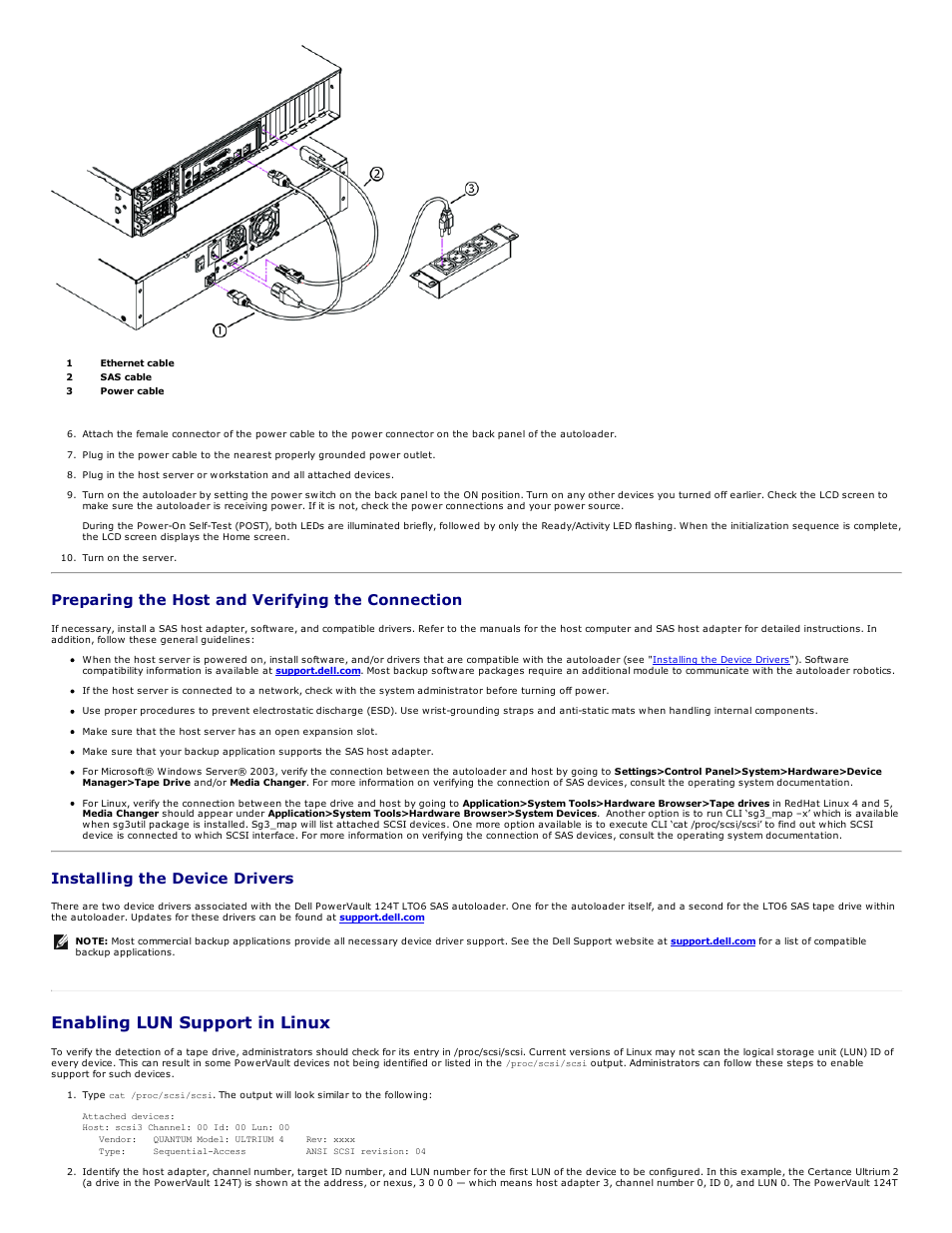 Enabling lun support in linux, Preparing the host and verifying the connection, Installing the device drivers | Dell PowerVault 124T User Manual | Page 6 / 73