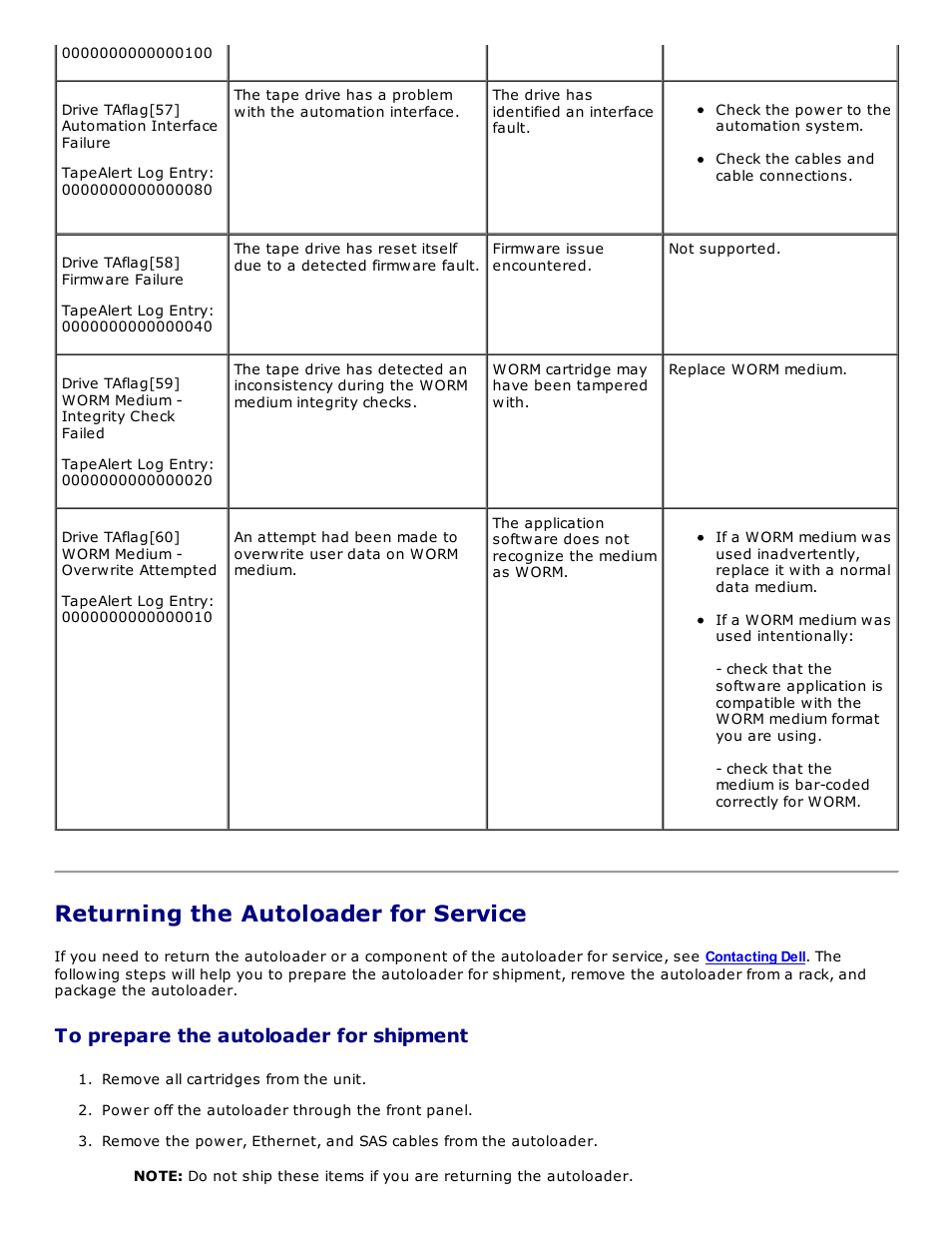 Returning the autoloader for service | Dell PowerVault 124T User Manual | Page 63 / 73