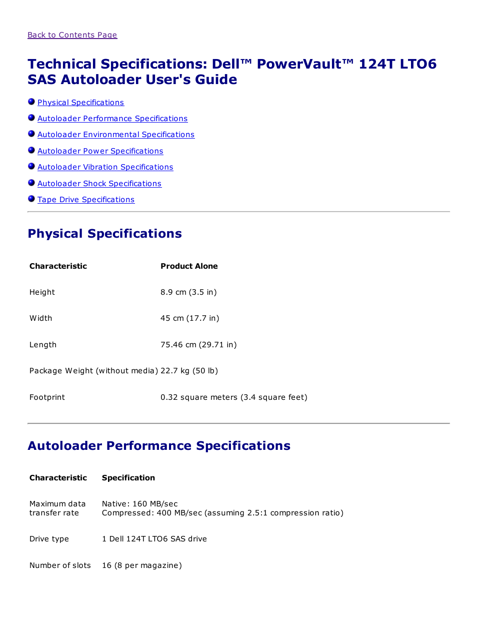 Physical specifications, Autoloader performance specifications | Dell PowerVault 124T User Manual | Page 65 / 73