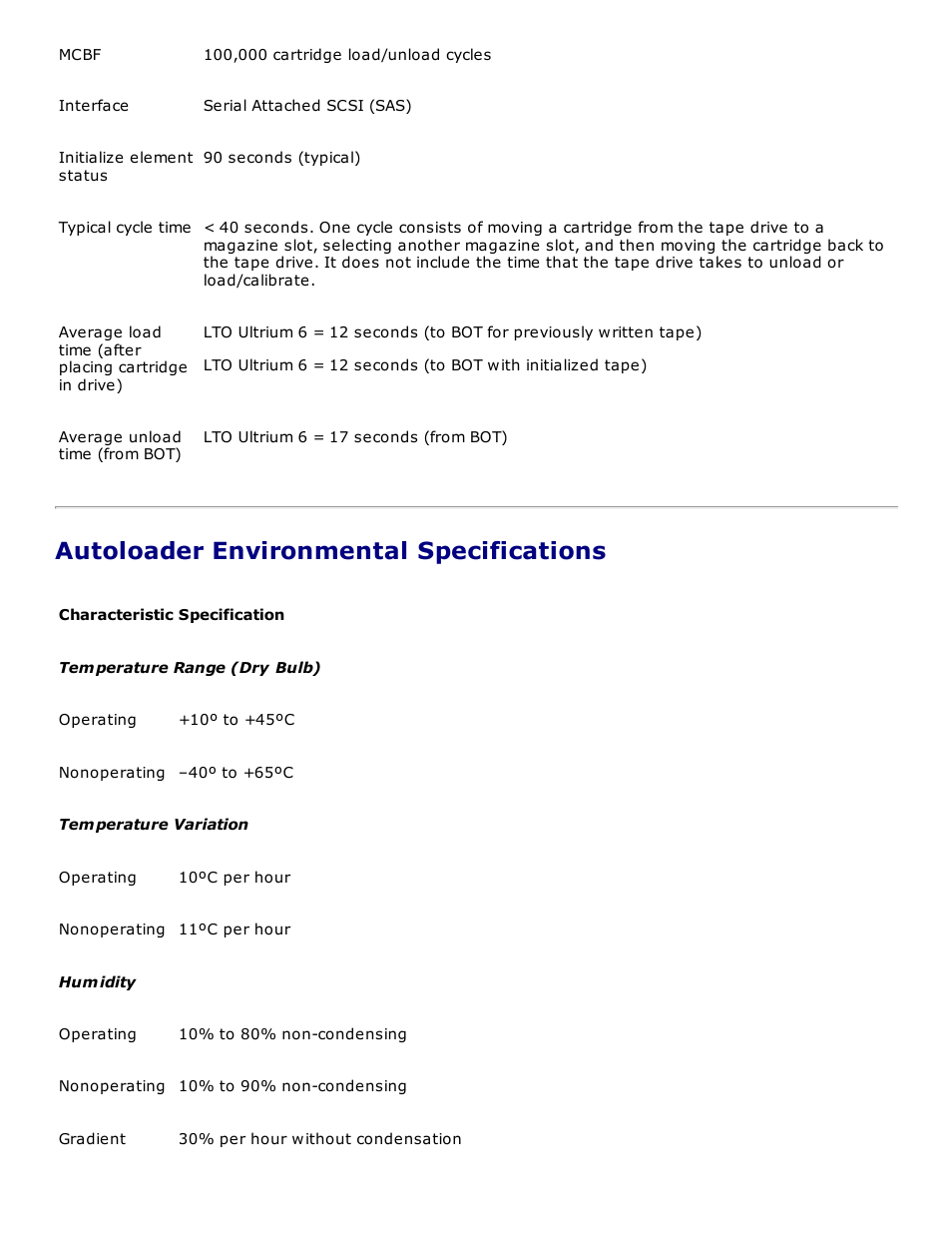 Autoloader environmental specifications | Dell PowerVault 124T User Manual | Page 66 / 73
