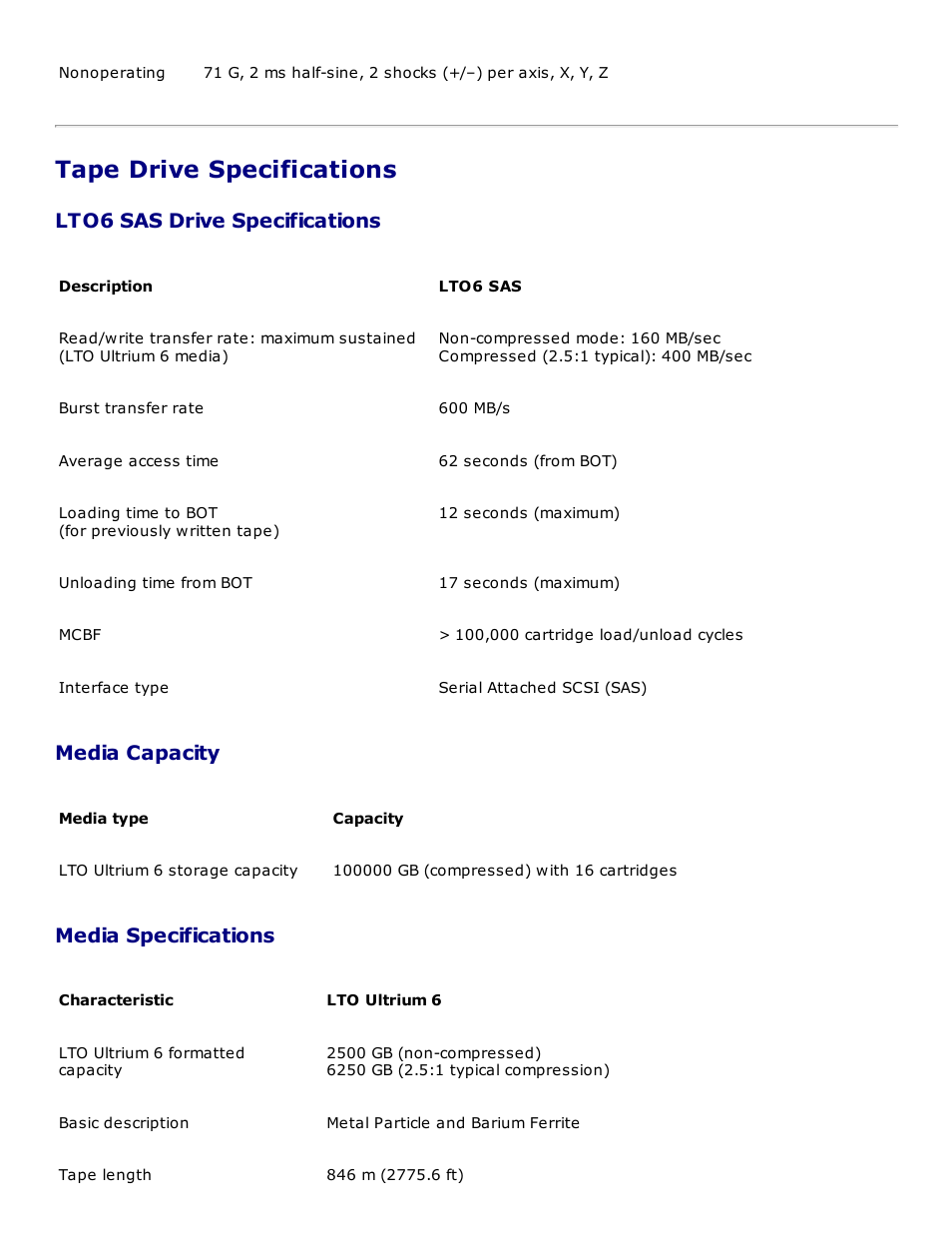 Tape drive specifications, Lto6 sas drive specifications, Media capacity | Media specifications | Dell PowerVault 124T User Manual | Page 68 / 73