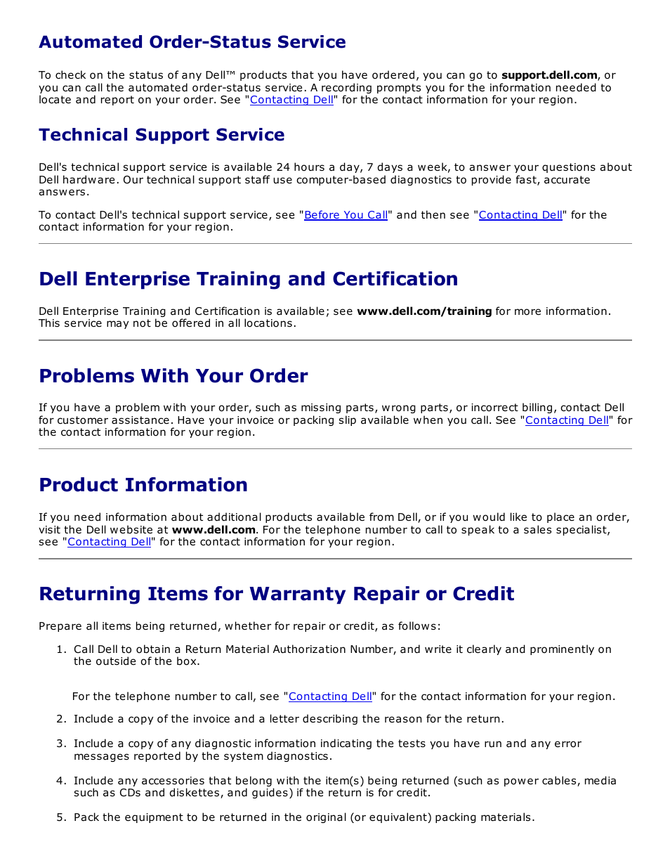Dell enterprise training and certification, Problems with your order, Product information | Returning items for warranty repair or credit, Automated order-status service, Technical support service | Dell PowerVault 124T User Manual | Page 72 / 73