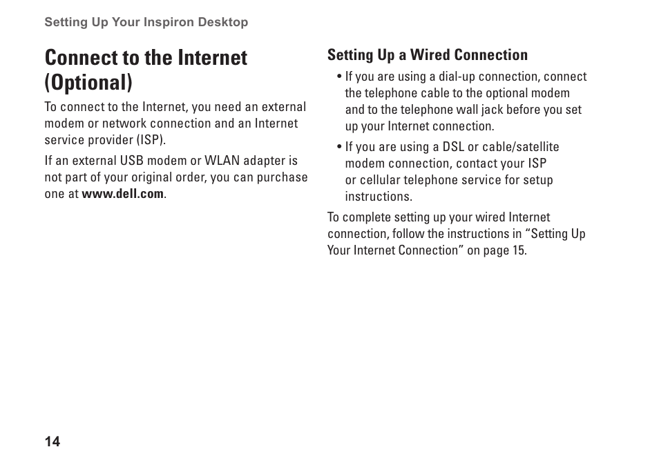 Connect to the internet (optional) | Dell Inspiron 580 (Late 2009) User Manual | Page 16 / 70