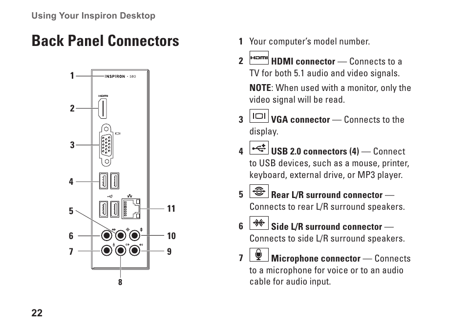 Back panel connectors | Dell Inspiron 580 (Late 2009) User Manual | Page 24 / 70