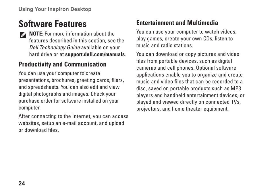 Software features | Dell Inspiron 580 (Late 2009) User Manual | Page 26 / 70